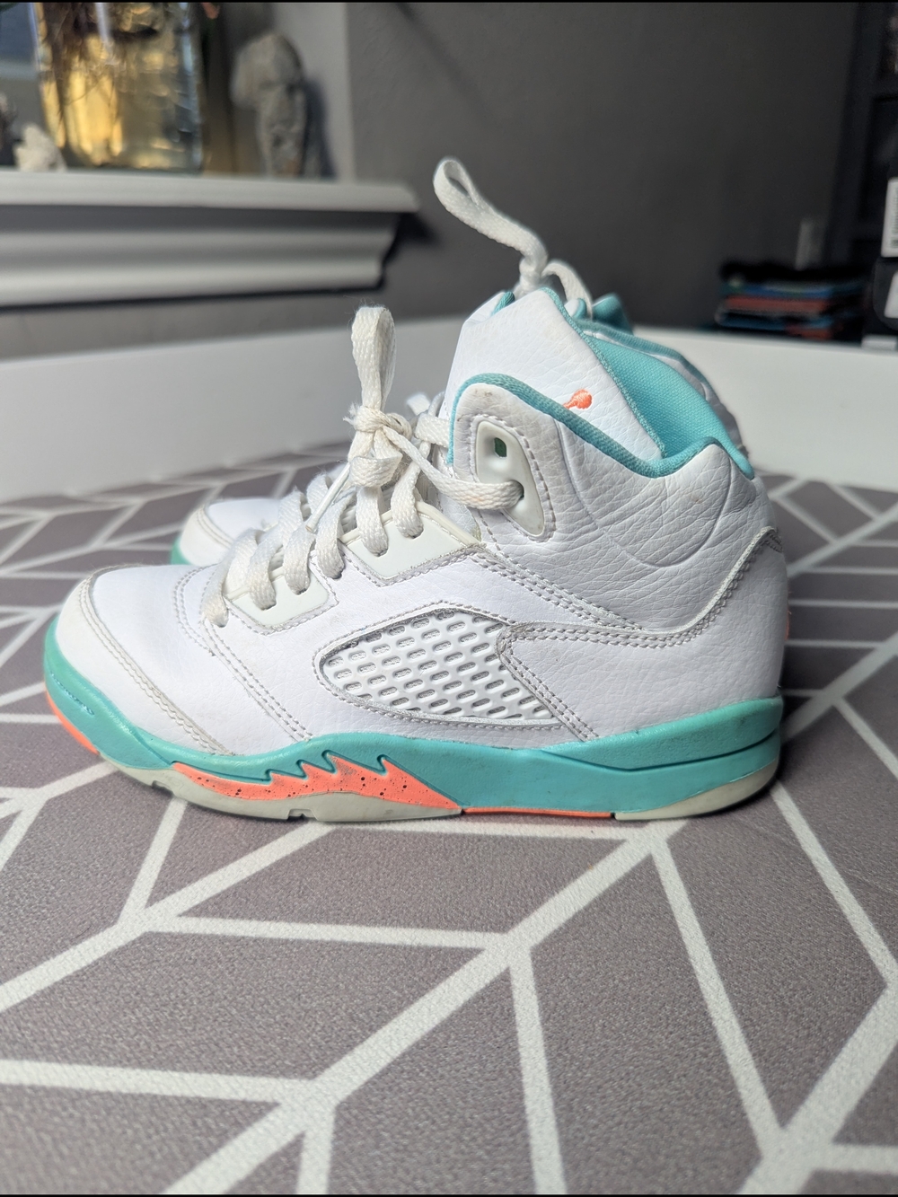 Kids White & Teal Basketball Shoes with Coral Accents
